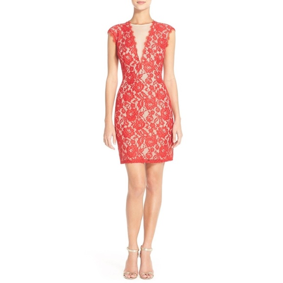 NWT Aidan‎ by Aidan Mattox Open Back Lace Sheath Dress Red/Nude [SZ 10 ] - Picture 1 of 5